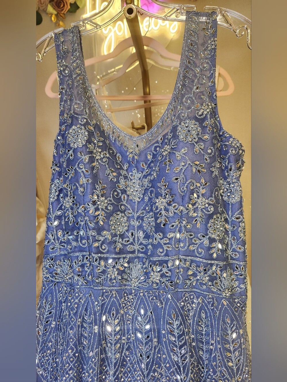 Stunning Luxe Periwinkle Sparkly Mirrored Anarkali Gown & Dupatta Set - Picture 7 of 13
